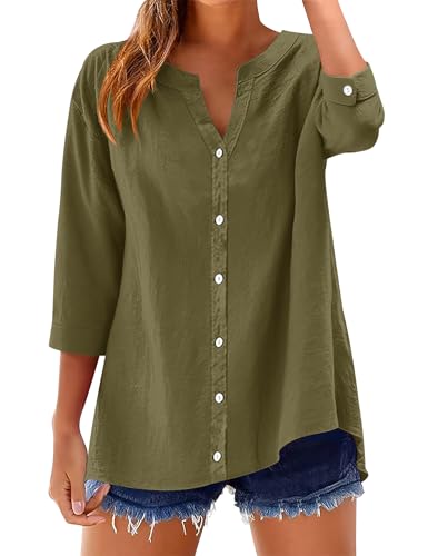 LOMON 3/4 Sleeve T Shirts for Women Button Down Cotton Shirts Linen Short Sleeve Tops Muslin V Neck Casual Loose Blouse Army Green L