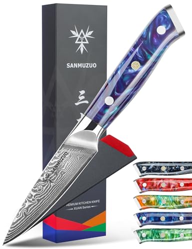 Sanmuzuo Cuchillo Pelador De Damasco, Cuchillo Cocina 9cm Profesional Para Pelar Cortar Verdura, Fruta, Carne - Serie Xuan - Acero De Damasco Con Mango De Resina Azul Zafir Sanmuzuo Cuchillo Pelador De Damasco, Cuchillo Cocina 9cm Profesional Para Pelar Cortar Verdura, Fruta, Carne - Serie Xuan - Acero De Damasco Con Mango De Resina Azul Zafir