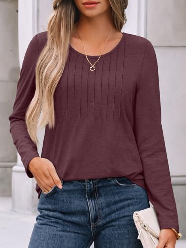 AUTOMET Womens Long Sleeve Tops Business Casual Crewneck Pleated Shirts Fall Fashion 2025 Blouses Trendy Basic Loose Outfits2