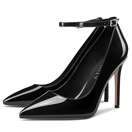 DearOnly Womens Heel Pumps Pointed Toe Ankle Strap Stiletto High Heel Patent Dress Shoes 4 Inch4