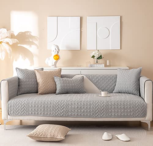 Vctops Houndstooth Geometric Embroidery Sofa Cover Patchwork Quilted Sectional Couch Cover Non-Slip Farmhouse Solid Sofa Slipcover Washable Furniture Protector For Living Room (Gray,43"X70") #TOP23