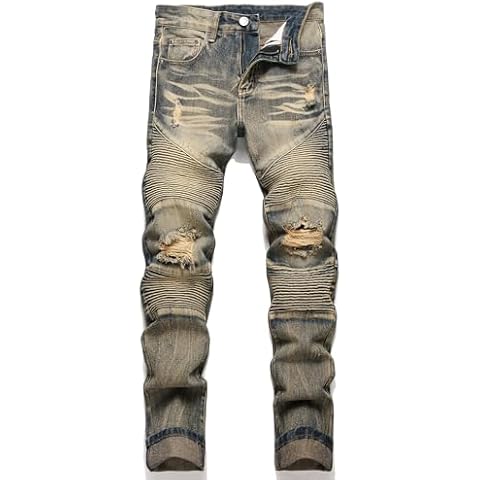 AITITIA Men's Biker Zipper Deco Washed Straight Fit Jeans Cover