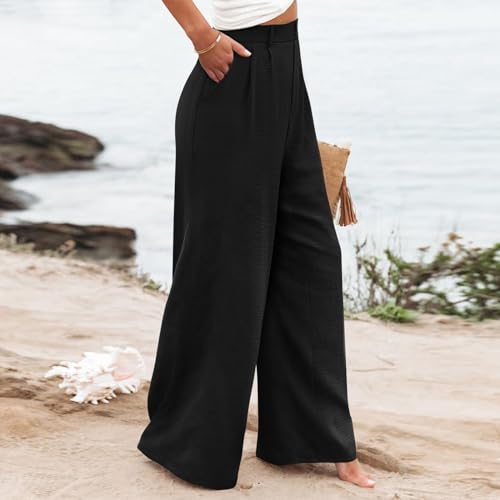Linen Wide Leg Dress Pants Women Business Casual Elastic Waist Comfy Work Pants Lightweight Vacation Beach Trousers4