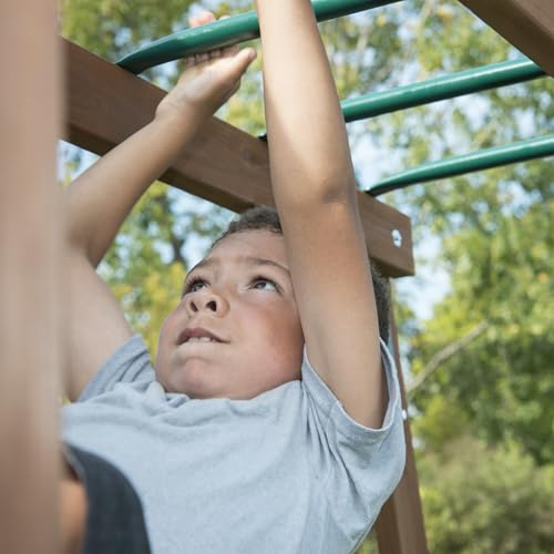 Swing-N-Slide Caribou Valley Wooden Swing Set with Wood Roof, Wave Slide, Monkey Bars, Climbing Wall, Ladder, Picnic Table, and Swings, Green Slide - Thumbnail 4