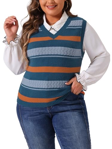 Agnes Orinda Plus Size Sweaters for Women Sleeveless V Neck Striped Knit Casual Pullover Sweater Vests2