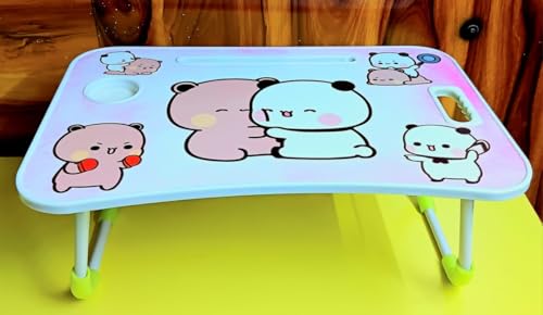 Image of Foldable Kids Study Table - Portable Multipurpose Bed Desk with Cup Holder & Handle, Cartoon Dudu and Bubu Design for Study, Drawing, Reading, Eating, Writing