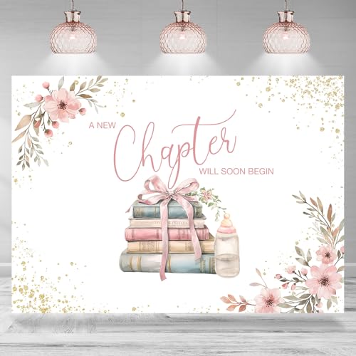 Rsuuinu Book Themed Baby Shower Backdrop for Girls A New Chapter Will Soon Begin Feeding Bottle Floral Pink Bow Background Baby Shower Party...