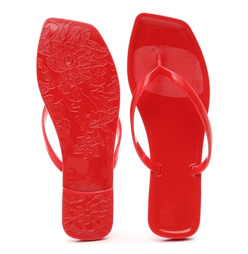 Image of Womens Flip Flops Thong Sandals Jelly Shoes Flat for Ladies Slides Red Slippers Size 6 Slip On Square Toe Summer Beach Dressy