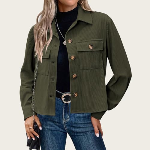Corduroy Shacket for Women Fall Winter Warm Lapel Long Sleeve Button Down Cropped Jackets Casual Bomber Jacket Coats3