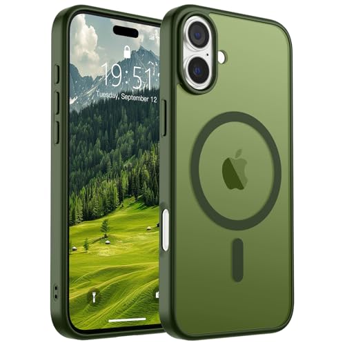 Image of SUPFINE Magnetic for iPhone 16 Case (Compatible with MagSafe) (Military Grade Drop Protection) Slim Translucent Matte Shockproof with Anti-Fingerprint Phone Case,Cangling Green