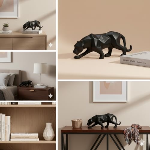 Image of Abstract Black Panther Sculpture Figurine Handicraft Home Desk Decor Geometric Wildlife Leopard Statue Craft Ceramic (Panther Black)