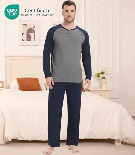 Image of NACHILA Mens Pajamas Set Viscose Made from Bamboo Henley Top Sleep Pants | Henley Top,Soft pants,Tagless Comfort,Moisture Wicking,Ultra silky, All season Loungewear Set, Jogger Sweatpant,Match set
