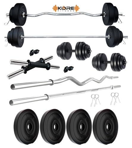 Image of Kore PVC 8 Kg Home Gym Set with One 3 Ft Plain + One 3 Ft Curl Rod and One Pair Dumbbell Rods, Multicolour