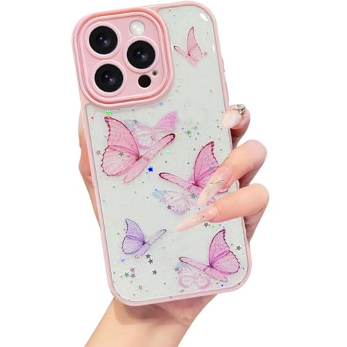Image of VONZEE for iPhone 15 Pro Max Clear Glitter Butterfly Case, Cute Bling Sparkle Shiny Soft TPU Bumper Shockproof Women Girls Slim Protective Phone Cover for iPhone 15 Pro Max 6.7 inch,Pink