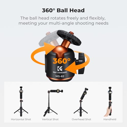 Image of K&F CONCEPT 25.6'' Mini Selfie Stick Tripod Stand, 5 Levels 360 Ball Head Pocket Tripod with Cold Shoe, Small Tripod Compatible with DJI Osmo Pocket 3 Action 5 Pro GoPro Hero13 Smartphone.