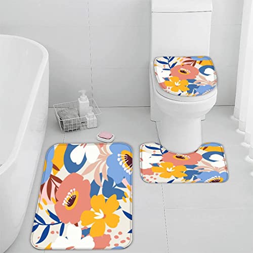 Badezimmerteppich-Set 3Teilig Blatt rutschfest Waschbar Badematte Badezimmer Weich Mikrofasern WC-Deckelbezug Blumen…