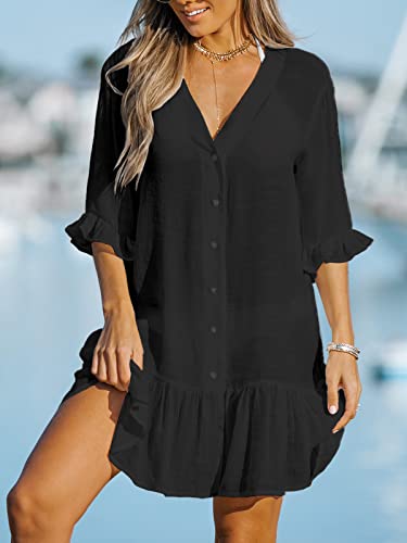 CUPSHE Women's V Neck Ruffled Cover Up Button Down Bathing Suit Beach Dress with Short Sleeves3