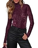 OMSJ Womens Velvet Burnout Tops Slim Fit Turtleneck Top Long Sleeve Semi See Through Elegant Shirts(M, Wine Red)