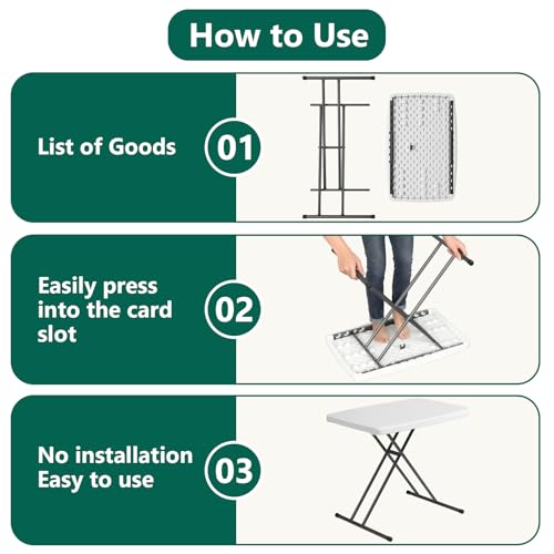 Image of 30in Folding Table, Portable Picnic Table with Adjustable Height, Foldable TV Tray Table & Laptop Desk for Small Spaces, Patio, Camping, BBQ, No Assembly Needed, White