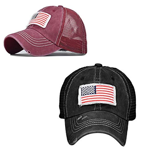 2 Pack Women & Men Baseball Cap with American Flag high Ponytail Hole New Unisex Summer Messy Hair Bun Pony Cap Embroidery mesh Adjustable Sports Low Profile Trucker Washed dad Sun hat Black/Red