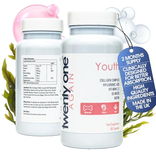 Twenty One Again Marine Collagen Supplements for Women & Men 500mg | Collagen Hyaluronic Acid Complex | 60 Capsules