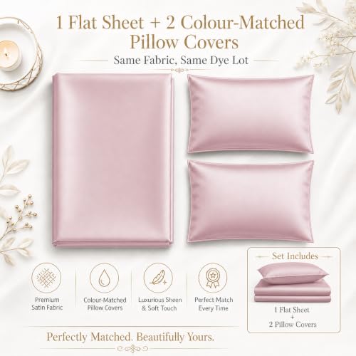 Image of Cloth Fusion Flat Satin Bedsheet Super King Size 108x108 inch | Baby Pink, 2 Pillow Covers, 300 TC, Glossy Finish, Smooth on Hair and Skin, Gift for Couples, Wedding & Anniversary