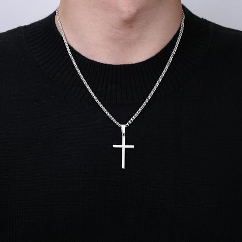 LOLIAS 925 Sterling Silver Cross Necklace Men-Removable Silver Cross Pendant with Hypoallergenic 316L Stainless Steel Wheat Chain Crucifix Necklace Jewelry for Mens Women, 16-30 Inches3
