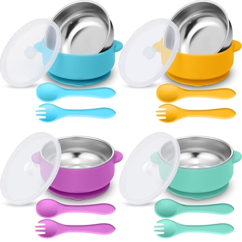 Image of Nuogo 4 Sets 304 Stainless Steel Baby Bowls with Removable Silicone Shell Toddler Bowls with Suction Kids Bowls with Lids Spoons and Fork Anti Scald, Dishwasher Safe (Blue,Green,Yellow,Purple)
