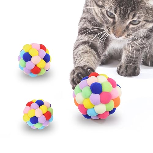 Vila Fuzzy Balls with Bells for Cats, Chewing and Enrichment Tool, Multi-Color Soft Plush, Small (2”), Medium (2.5”), Large (3”), 3 Pieces Per Pack