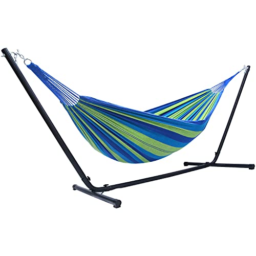 Hängematte mit Gestell, Ohuhu Doppel Baumwolle Hängematte mit Tragbarer Tasche Langlebige Stahl Hängematte für 2 Personen, Tragbare Hängematte Outdoor bis zu 205 kg belastbar