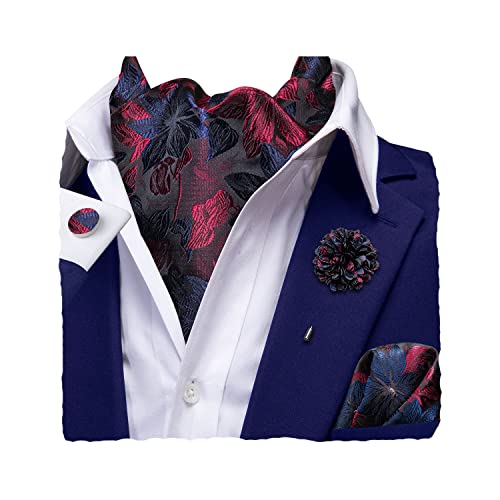Hi-Tie Navy and Red Ascot for Men Self Tie Men's Silk Cravat and Lapel Pin Handkerchief Cufflinks Set for Wedding Party