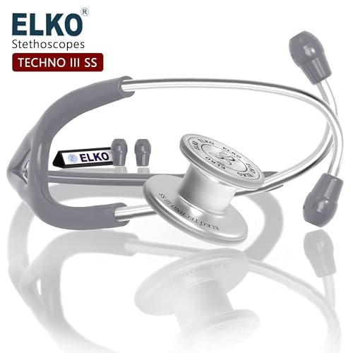 Image of ELKO TECHNO III SS Stainless Steel Stethoscope with ENGRAVING | Engrave Your Name or Initials on the Chest Piece | Lightweight Double-Sided Stainless Steel Chest piece | Two-Way PVC Tubing | Ideal for Doctors & Medical Students (Grey)