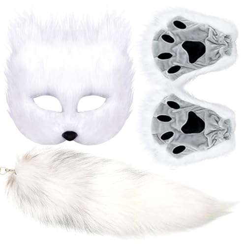 Valpeak Therian Mask & Tail Set for Girls - Halloween Cat Fox Wolf Tail - Over 1 Year (White Set of 3)