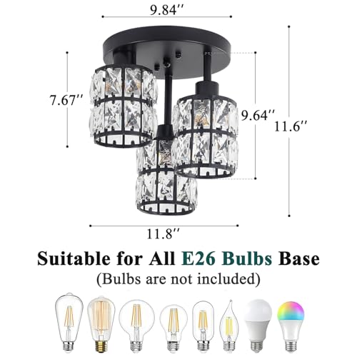 Puzhi Home Crystal Semi Flush Mount Ceiling Light, 3-Light Close To Ceiling Light Fixture Black Small Crystal Ceiling Lighting Modern Crystal Chandeliers For Kitchen Dining Room Entryway Bedroom Hallway thumb #4