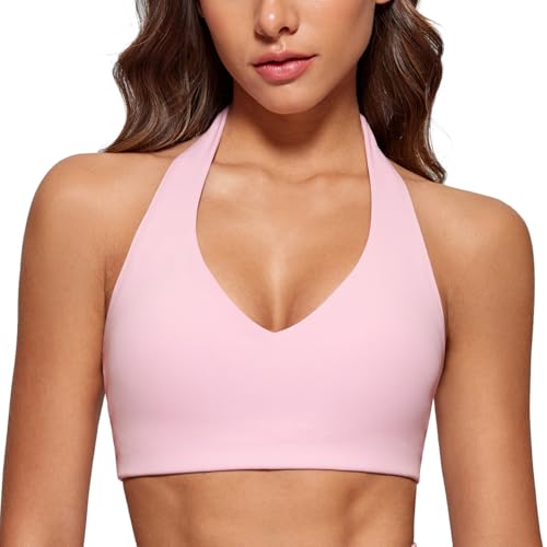 Womens Halter Longline Sports Bra Padded Low Back Yoga Bra Workout Crop Top with Built in Bra