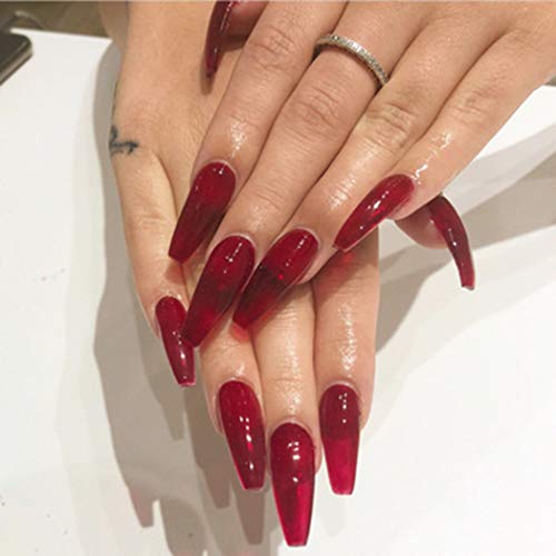 Metisee Coffin Press On Nails French Extra Long Fake Nails Red Glossy False Nails Tips Full Cover Nail Art for Women and Girls (24PCS) (Red)