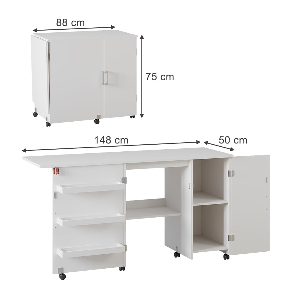 Vicco Nähtisch Carmen, Weiß, 148 x 75 cm mit 3 Regalfächer und Schrank, klappbar auf Rollen zur flexiblen Nutzung als Arbeitstisch