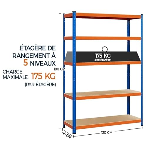 Yaheetech Estantería Metálica de Almacenaje Estantería Galvanizada de 5 Niveles para Garaje Trastero 180x120x45cm Naranja/Azul - imagen 5
