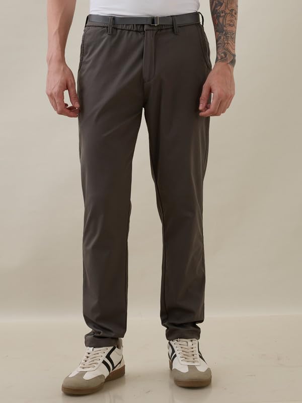 Image of Nostrum Men's Smart-Casual Tapered Trousers for Men, Charcoal, Cotton Corduroy, Mid Rise, Regular Slim Fit with Adjustable Belt, Side and Back Pockets, Casual Wea