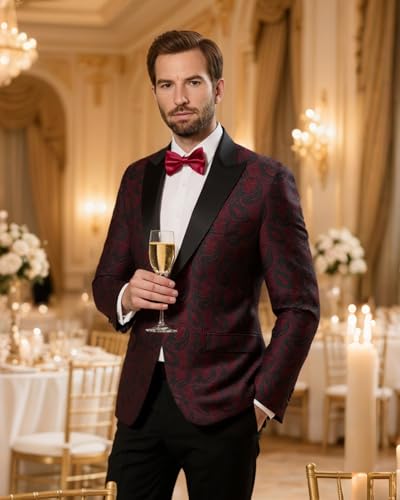 YND Mens Floral Suit Blazer, Slim Fit Paisley Tuxedo Jacket, Shawl Lapel with Bow Tie for Prom, Dinner, Wedding, Party2