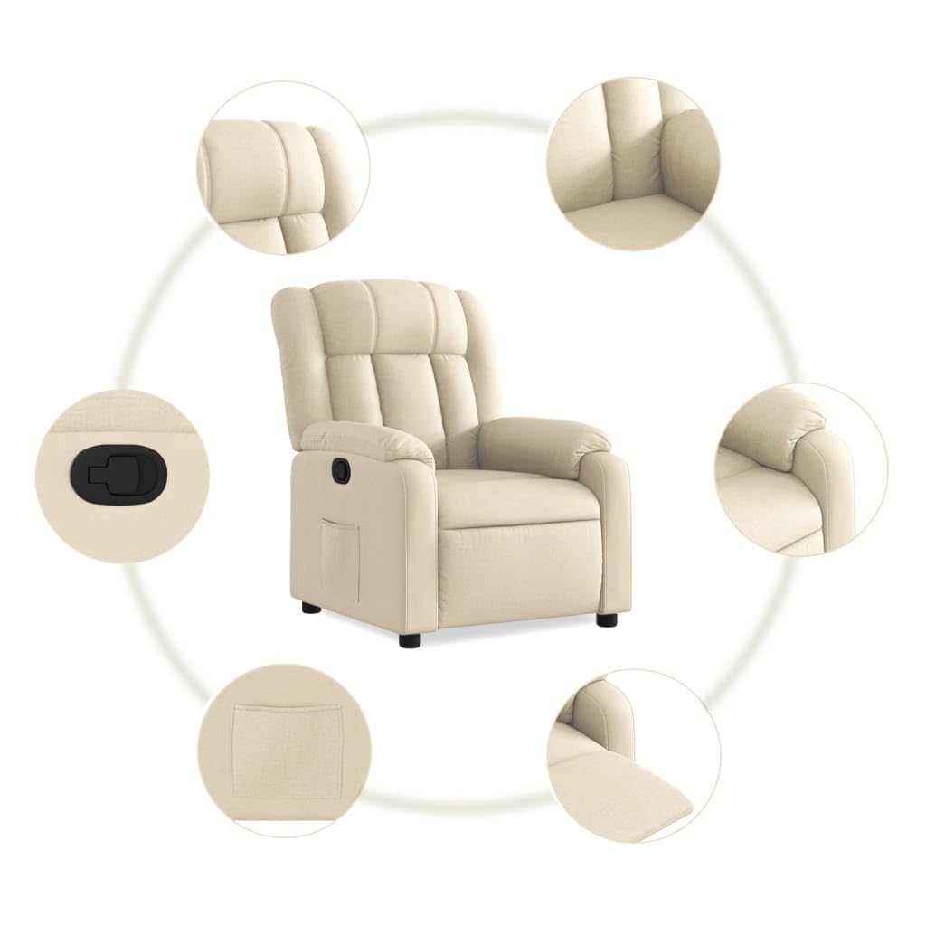 Fotel relaksacyjny, kremowy materiał z ręczną funkcją leżenia, ergonomiczny fotel tapicerowany z podłokietnikami, rama drewniano-metalowa, kieszeń boczna, 78 x 92 x 98 cm, wygodny do salonu i