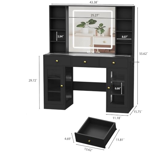 Image of Black Vanity Desk with Mirror and Lights, Glass Top Vanity with Lighted Mirror & RGB Cabinet and 3 Drawers, Dressing Table with 8 Shelves, Makeup Desk with Lights for Girls Bedroom, 3 Color Modes