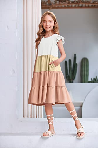 Arshiner Girl's Summer Dresses Ruffle Sleeve Tiered Swing Midi Casual Sundress with Pockets3