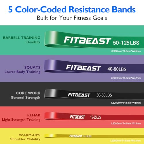 FitBeast Resistance Bands Set, 5 Different Levels, Pull Up Assist Bands for Strength Training, Crossfit, Powerlifting, Muscle Toning, Mobility Exercises, Full-Body Workout (Vibrant 5-125 lbs)