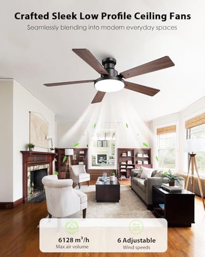 Image of 52 Inch Low Profile Black Ceiling Fan with Lights, Smart Remote /APP