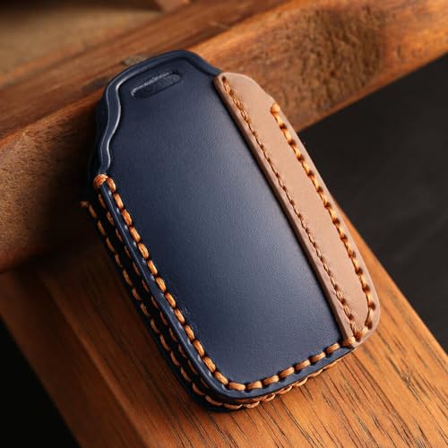 Image of Keyzone Dual Leather Key Cover for Range Rover: Sport, Evoque, Velar, Discovery, Defender (2018, 2019, 2020, 2021) 5 Button Smart Key (Blue-Brown)