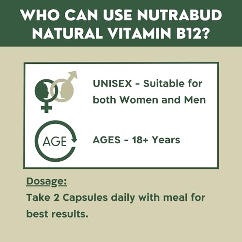 Image of Nutrabud Plant Based Vitamin B12 Supplement for Men, Women - 120 Capsules - 100% RDA of Natural B12 for High Absorption (120 Count (Pack of 1))