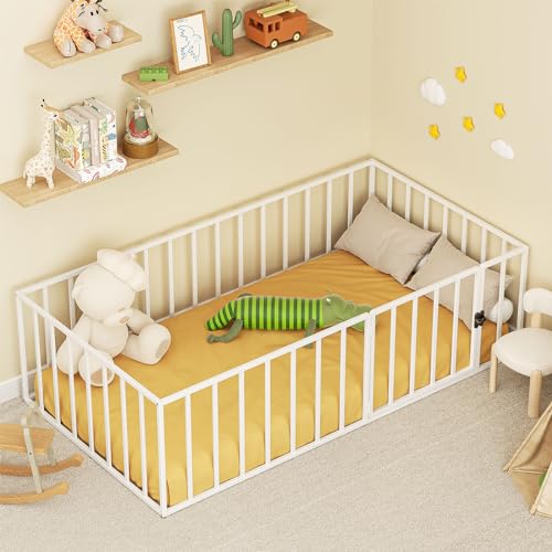 LOVMOR Twin Size Metal Floor Bed with Safety Fence and Door, Mont...