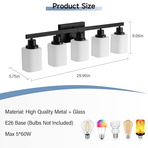 Image of 5-Light Bathroom Vanity Light, Modern Matte Black Bathroom Light Fixtures with Square Frosted Glass, Wall Sconces fixtures Over Mirror Restroom,Living Room Hallway E26