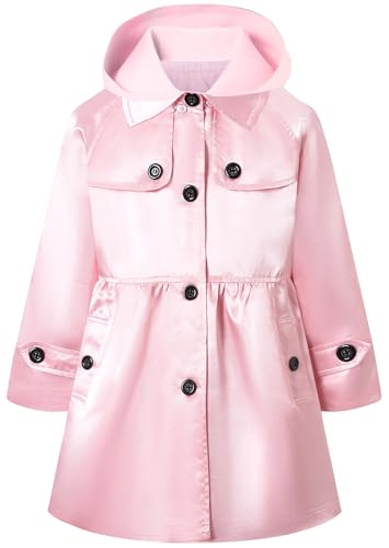 Betusline Girls Satin Trench Coat Fashion Single Breasted Cute Sparkly Hooded Outwear Jacket, Pink, 6-7 Years = Tag 130